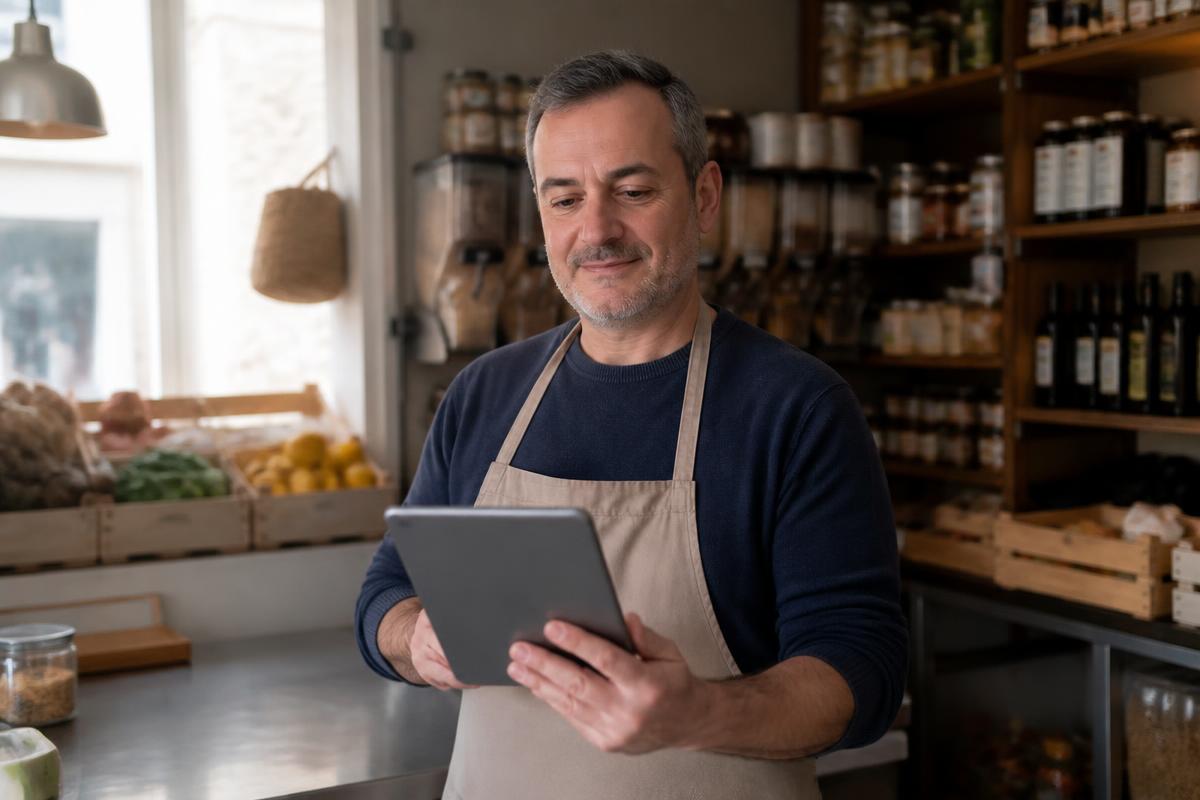 Responsable de un comercio de alimentación consultando una tableta