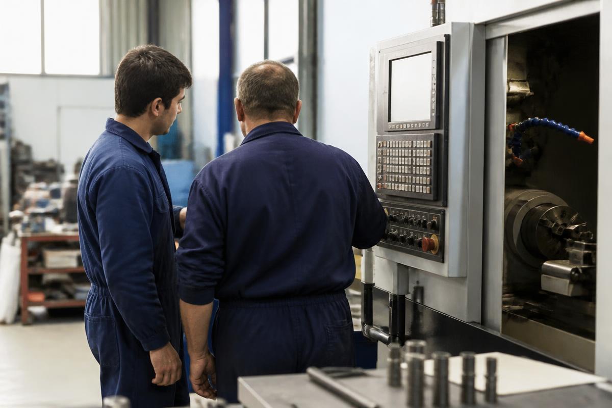 Dos operarios junto a una máquina en un taller metalúrgico