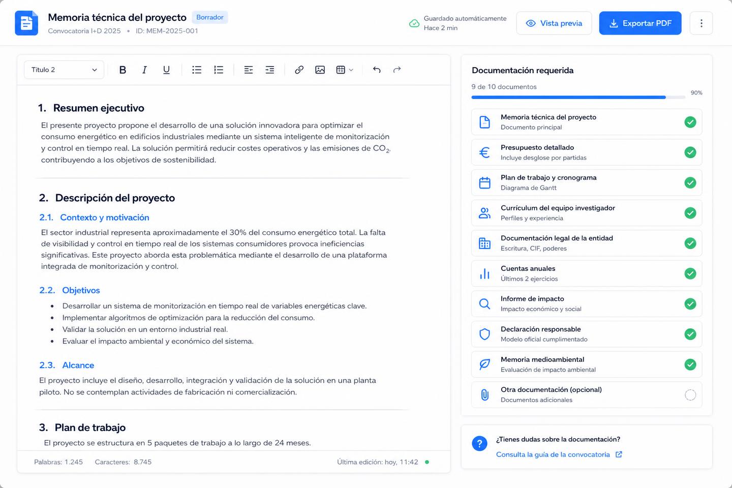 Editor de Baremo con la memoria técnica redactada y la lista de documentos a aportar